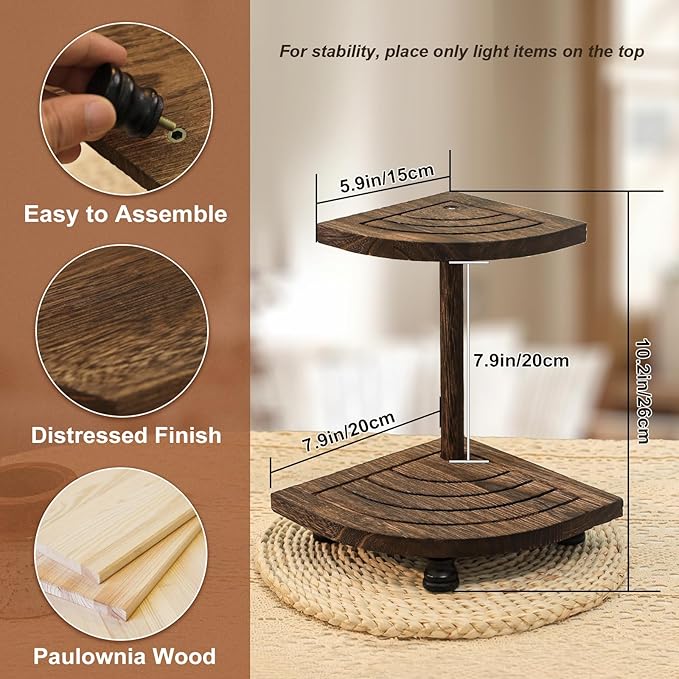 Tikea Decorative Wood Riser for Display, 2-Tier Rustic Corner Shelf for Kitchen Bathroom Counter Decor, Farmhouse Riser for Soap Dispenser and Plant (Brown)