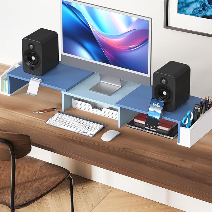 Simple Houseware Desk Dual Monitor Stand Riser with Drawer, Blue