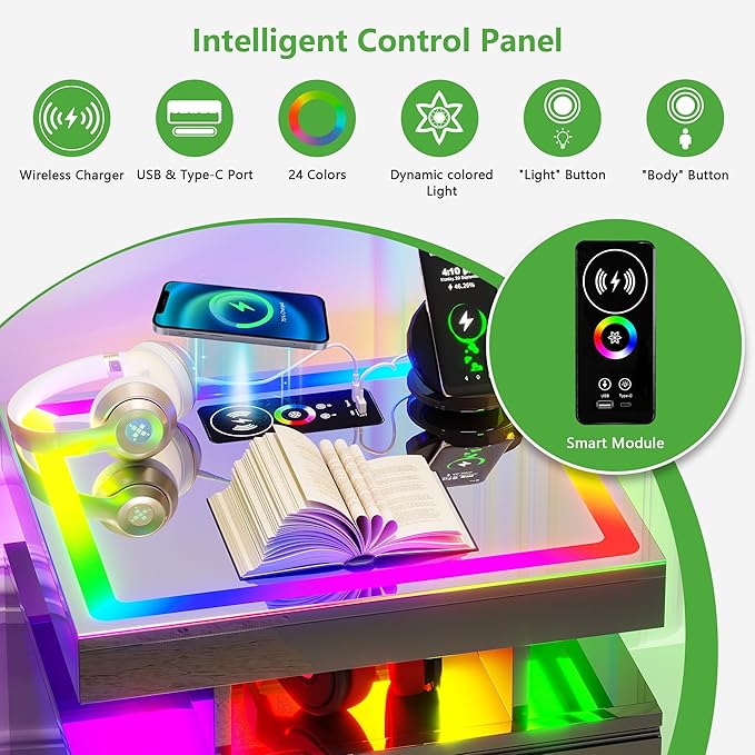 HNEBC RGB Nightstand with Wireless Charging Station, LED Night Stand with Motion Sensor Lights, Smart Bedside Table with Changing Strip Lights with Remote,High Gloss Side Table/Glass Top (Black)