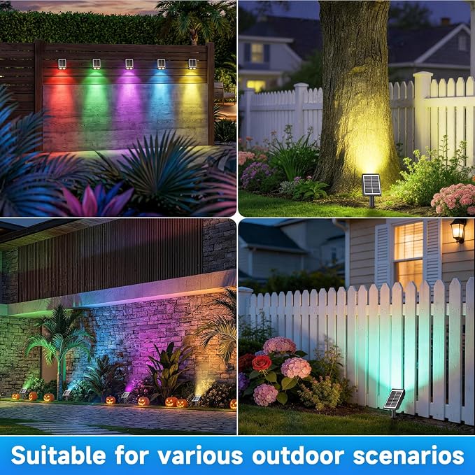 RGB Solar Spot Lights : 2 IN 1 Solar Lights Outdoor with 8 Lighting Modes & PC Light Guide Column for Tree Garden Yard Pathway | RGB Color Changing Landscape Lights | IP65 Waterproof | 12 Pack