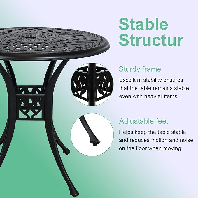 30.3 Inch Round Patio Table Cast Aluminum Patio Table,Metal Patio Dining Table with Umbrella Hole,All Weather Outdoor Bistro Dining Table for Backyard, Garden, Balcony, Black