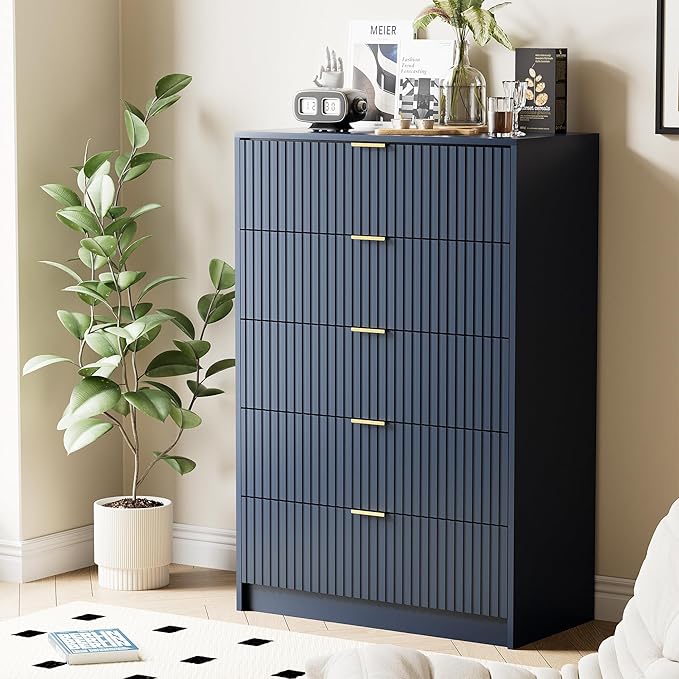 Blue Dresser for Bedroom, Modern Dresser with 5 Drawers and Smooth Slides, Wide Chest of Drawers with Golden Handles for Bedroom, Living Room, Closet, 15.7" D x 31.5" W x 47.2" H