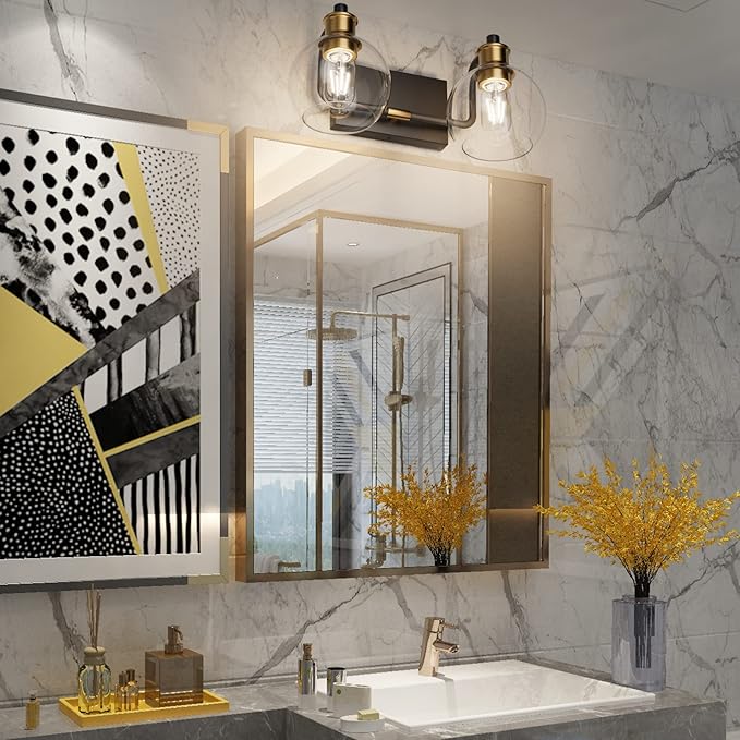 Tipace 2 Lights Vintage Bathroom Vanity Light Fixtures Over Mirror Black & Gold Industrial Vanity Lights with Globe Clear Glass Farmhouse Wall Sconces Fixture(Exclude Bulb)