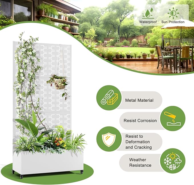 FENCY Metal Raised Garden Bed with Wheels and Trellis,73"x35"x16" Planter Box for Climbing Plants, Vegetables & Vines, Features Privacy Screen and Drainage Holes (White-Brick)