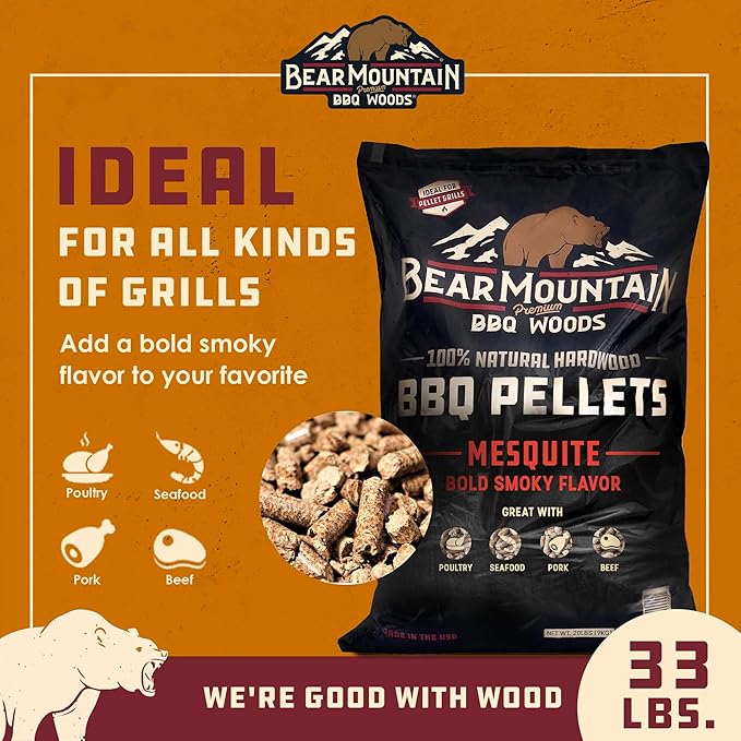 Bear Mountain All Natural Wood Pellets for Smoker, Grill & BBQ, 33 Lbs, Mesquite