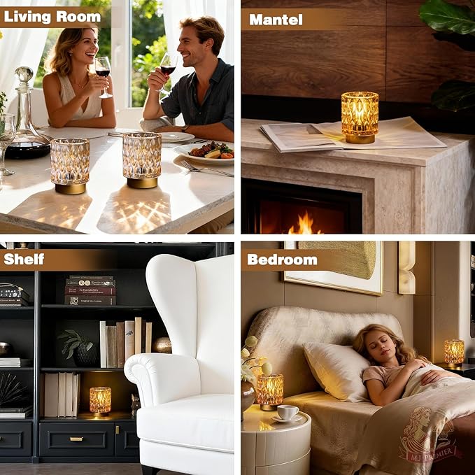 Battery Operated Table Lamps Timer, Mini Crystal Lamp for Area No Plug, Cordless Lamp with LED Bulb for Power Outage, Decorative Lamps for Tabletop/Corner/Entryway/Stairway/Bathroom/Fireplace(2*AMBER)