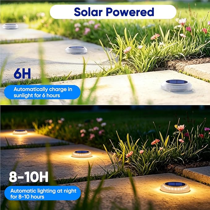 Solar Step Lights Outdoor Waterproof Stick on Boat Dock Flat Deck Stair Lights Solar Powered for Outside Patio Driveway Marker Concrete Ground Walkways Sidewalk Pathway Auto On/Off (Warm White 4 Pack)