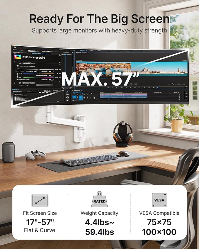 monTEK Monitor Wall Mount for 17-57“ up to 59.4 lbs Ultrawide Screens, Single Heavy-Duty Aluminum Gas Spring Monitor Arm with Full Motion Adjustment, VESA 75x75/100x100 Compatible, White