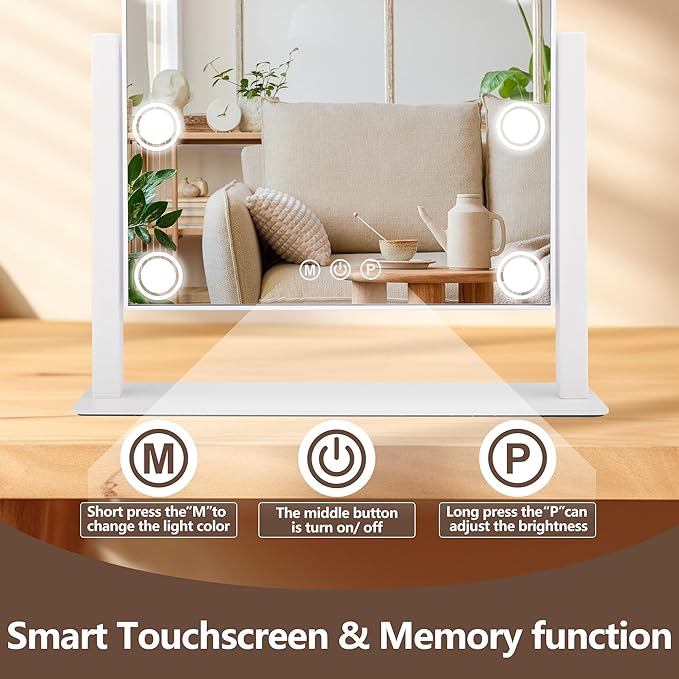 Lighted Makeup Mirror, 14"x 12" Hollywood Vanity Mirror with 9 LED Bulbs, 3 Color Lights, and Detachable 10X Magnification Mirror, 1200mAh Rechargeable, Touch Control, 360°Rotation (White)