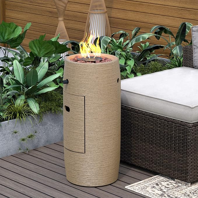 SUNBURY Outdoor Propane Fire Pit, Stone Like Fire Pit Table with Glass Wind Guard, Waterproof Cover, 15000BTUS Small Column Firepit Garden Lighting (Beige)