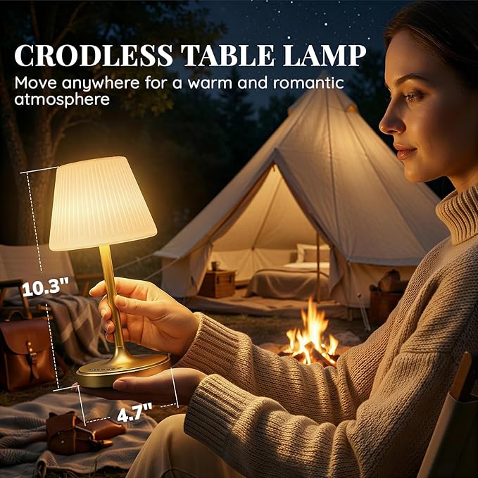 Cordless Table Lamp, Waterproof Shower Lamp, 4000mAh Rechargeable Table Lamps, 3-Color Dimmable Light, Battery Operated Lamp Desk Night Lamp for Bathroom Bedroom Patio Camping Restaurant (Gold)