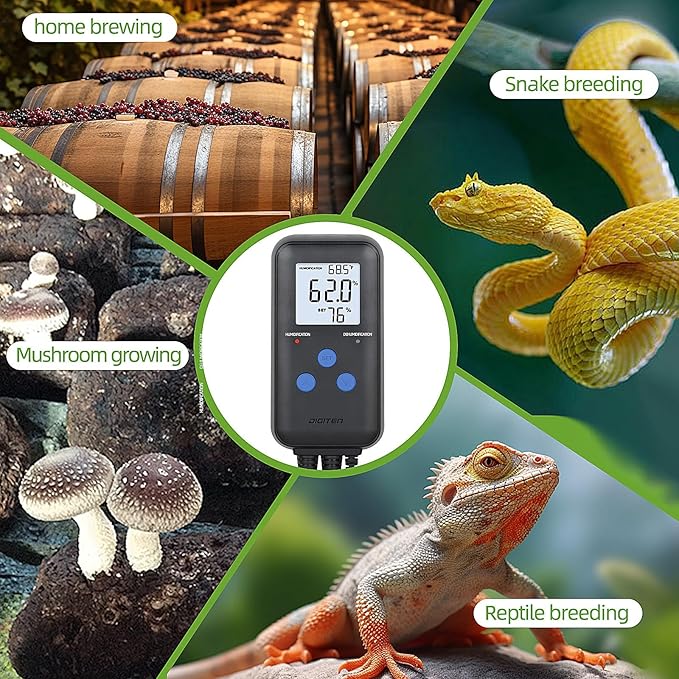 DIGITEN Humidity Controller Pre-Wired Digital Humidistat with Temperature Display, Dual-Stage Outlet Humidifier /Dehumidifier for Mushroom,Reptile, Greenhouse, Fan, Grow Tent