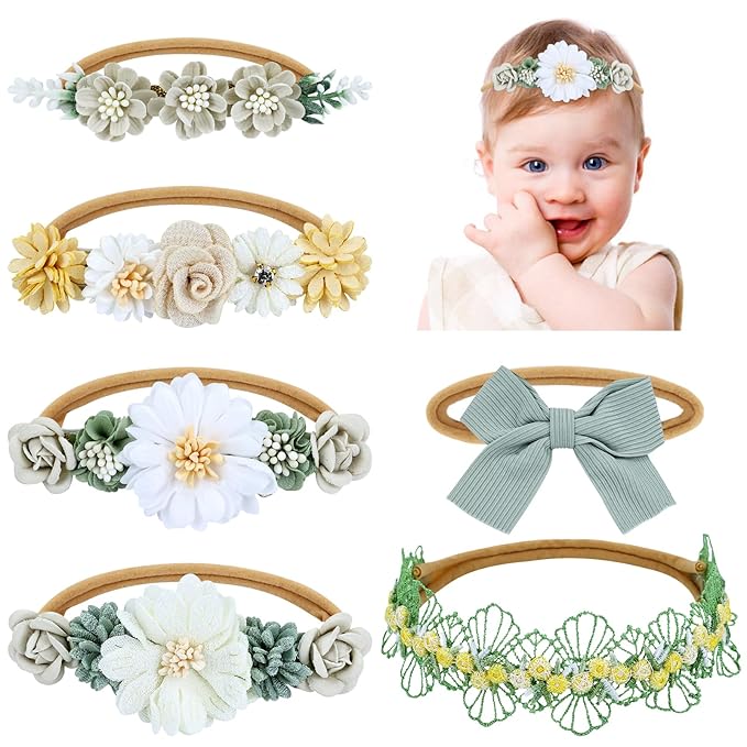 Dizila 6 Pieces Super Soft Stretchy Green Khaki White Baby Girl Nylon Bow Flower Headbands Floral Lace Headbands Hair Accessories for Newborns Infants Toddlers Girls Kids