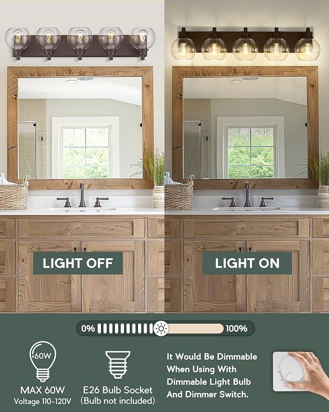 Bathroom Light Fixtures Over Mirror, 5-Light Oil Rubbed Bronze Bathroom Vanity Light with Globe Clear Glass Shade, 32 Inch Modern Sconces Wall Lighting, VL195-ORB-5