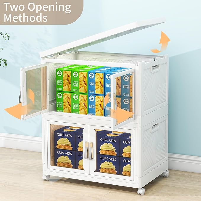 Large Clear Stackable Storage Bins with Lids, 180QT-45QT*4Tier Foldable Cabinet for Closet Organizers, Plastic Storage Box with Wheels White