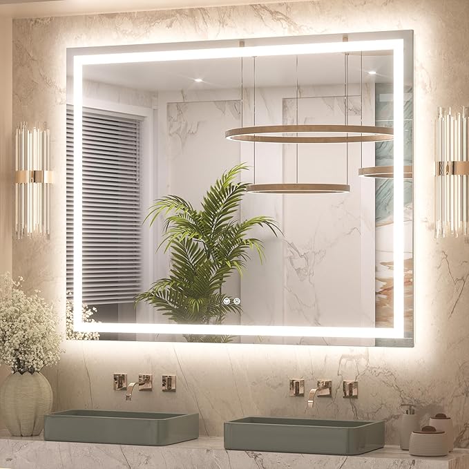 Keonjinn 48 x 40 Inch LED Bathroom Mirror with Lights, Bighter Frontlit & Backlit Vanity Mirror with Stepless Dimmable 3-Color, Anti-Fog Mirror for Wall, HD Tempered Glass, Memory Founction, CR90+