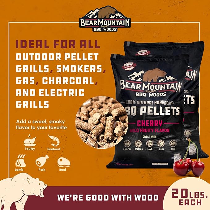 Bear Mountain 2-Pack All Natural Wood Pellets for Smoker, Grill & BBQ, 20 Lbs, Cherry - Premium Hardwood Barbecue Pellets for Indoor and Outdoor Grilling