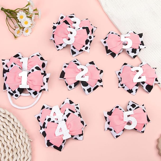Cow Print Birthday Bow Hair Clip, Pink Farm Animal Theme 1 Year Old Hair Bow Clip Accessory for Toddler Girls Party Baby Shower Decor