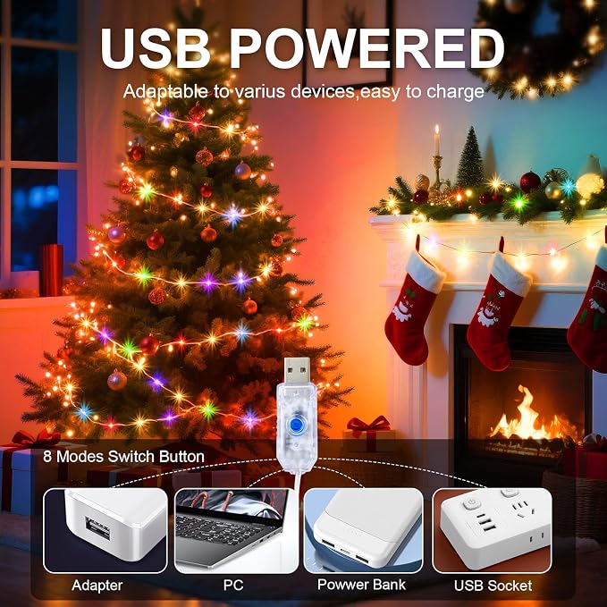 1 Pack USB Plug in Fairy String Lights,16ft 50 LED Copper with Remote and Timer, 8 Modes Waterproof Twinkle String Lights for Bedroom Indoor Party Wedding Christmas Decoration
