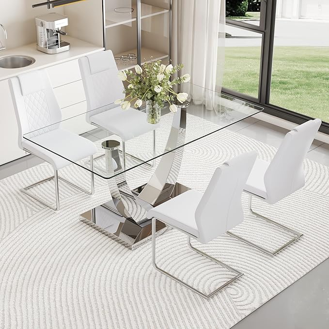 AZmac 63” Glass Dining Room Table Set for 4, Modern Kitchen Table and Chairs Set of 4, Dining Sets with Rectangular Tempered Glass and Sturdy Silver Chrome Base, for Kitchen Home