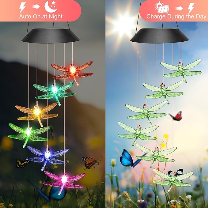 Birthday Gifts for Mom Grandma Wife, Winzwon Solar Lights Outdoor Wind Chimes for Outside Garden Yard Patio Porch Deck Hanging Decor Dragonfly Gifts for Women Her Easter Mothers Day
