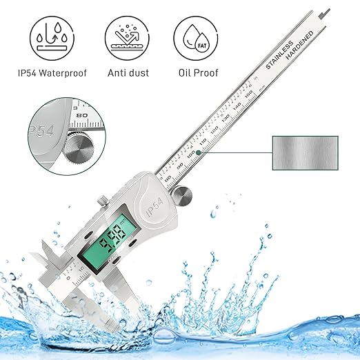 Electronic Digital Vernier Caliper Measuring Tool, IP54 Waterproof Electronic Micrometer Caliper, 150mm/0-6 inch Stainless Steel Vernier Caliper with Large LCD Screen, Inch Metric Conversion