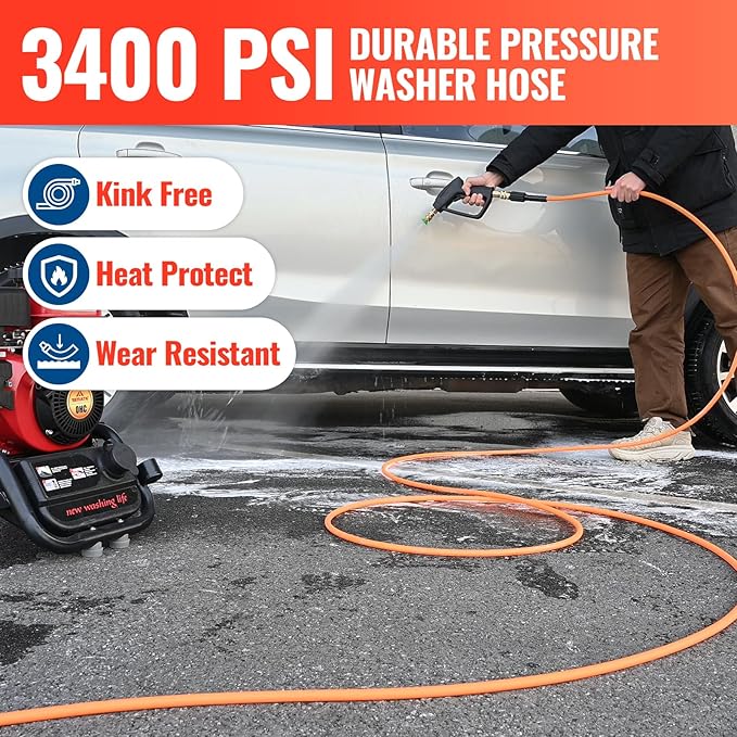 YAMATIC Upgraded Flexible Pressure Washer Hose 50 FT 3400 PSI, 1/4" Wear & Kink Resistant Power Washer Hose with Heat Protect Sleeve, Durable Replacement Hose for Uberflex Flexzilla Ryobi