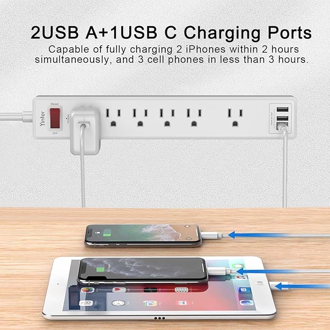 20Ft Power Strip Surge Protector - Yintar Extension Cord with 6 AC Outlets and 3 USB Ports for Home, Office, Dorm Essentials, 1680 Joules, ETL Listed, White