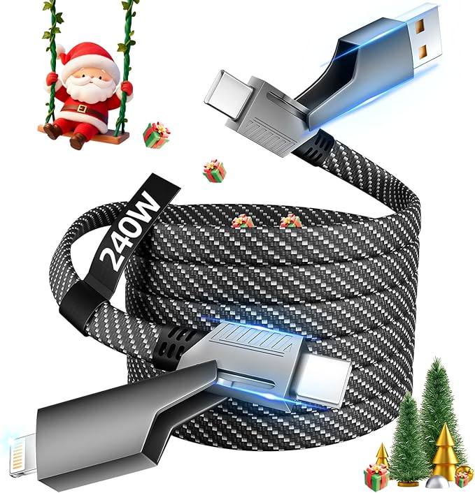 USB C Cable, 240W MAX 4 in 1 Charging Cord 5FT with E-Mark Chip, Fast Charging USB A/C to C/Lightning Cable for iPhone 17/16/15/14/13 Series, MacBook/Pad/Android/Tablets and More, iPhone Charger Cord