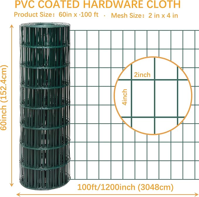 Green Metal Garden Fence, 60inch(H) x 100ft(L), 2 inch x 4 inch,12.5GA 2/3/4/5/6 Ft Tall Chicken Wire PVC Coated Welded Wire Mesh Roll for Dogs Border Yard Vegetable Plant Protection Poultry Netting