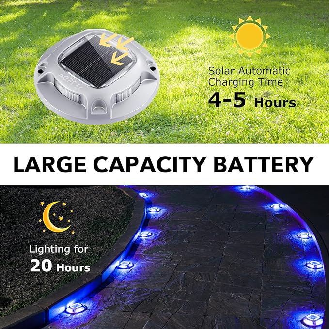 AGPTEK Solar Driveway Lights Outdoor 16 Pack, 2 Color Modes LED Deck Dock Marine Waterproof Security Marker Lights for Step Sidewalk Stair Garden Pathway Walkway Yard(Blue Light/Cool White)