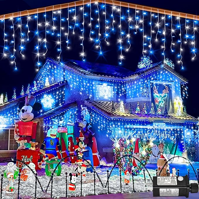 33ft Icicle Lights for Outside, Blue and White Christmas Lights Outdoor Indoor, 400 LED Twinkle String Light with 75 Drops Short Curtain Light for Thanksgiving Room Home Wall Bedroom Window Decoration