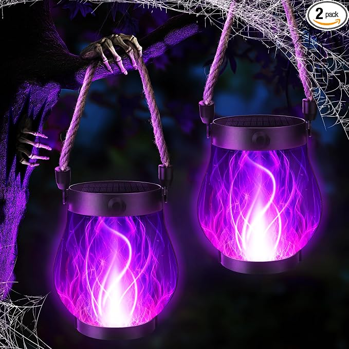 iBaycon 2 Pack Gen2 Solar Lantern Lights USB Halloween Flame Lamp, Purple | Solar Garden Lights with Dual Charging USB & Solar, 2 Modes Outdoor Waterproof Hanging Lantern for Home Halloween Decor