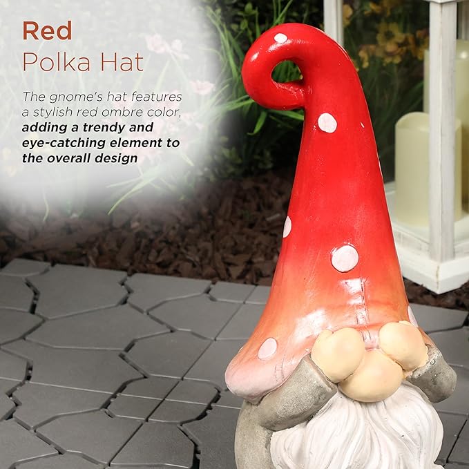 Alpine Corporation 17” Tall Outdoor Garden Gnome Yard Decoration - See No Evil Statue - Gnome with Red Polka Dot Hat – Durable, Weatherproof Decor for Patio & Deck