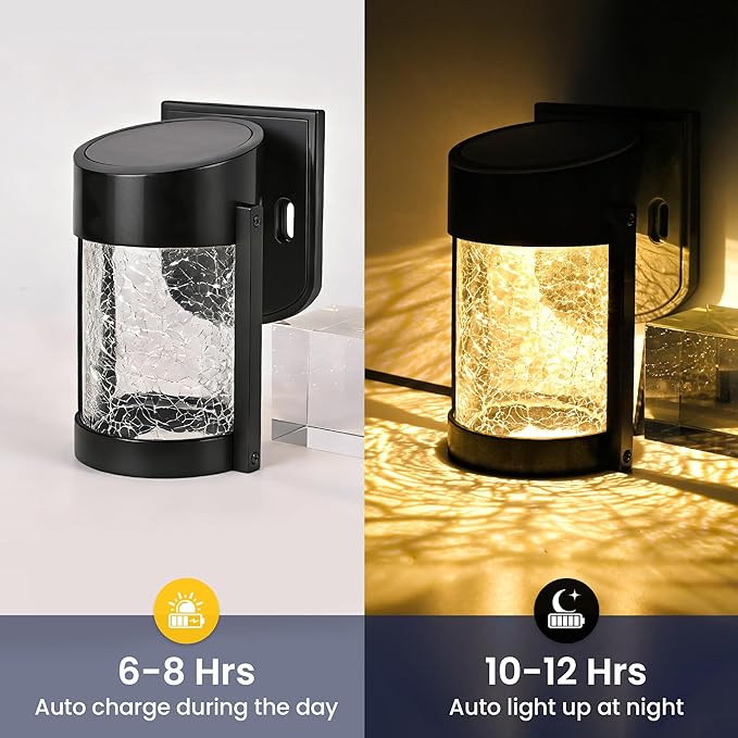 PEVOROS 1 Pack Solar Fence Lights Outdoor, Crackled Glass Wall Light for Porch, Fence, Shed, Barn, Patio, Glass Crackle Lampshade with Warm LED Light