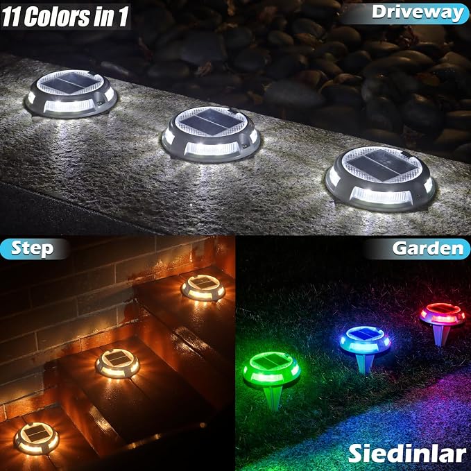 SIEDiNLAR Solar Driveway Lights Outdoor 16 LEDs 9 Modes, Dock Markers Deck Lights Waterproof Warning for Driveway Ground Step Walkway Pathway Yard Garden, RGB (16 Pack)