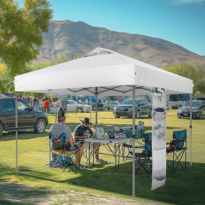 MFSTUDIO 10x10 Pop Up Canopy Tent, Outdoor Tent One Push Setup Instant Portable Shelter Canopies with Vented Top, Straight Legs, Wheeled Bag, 4 Sandbags, White