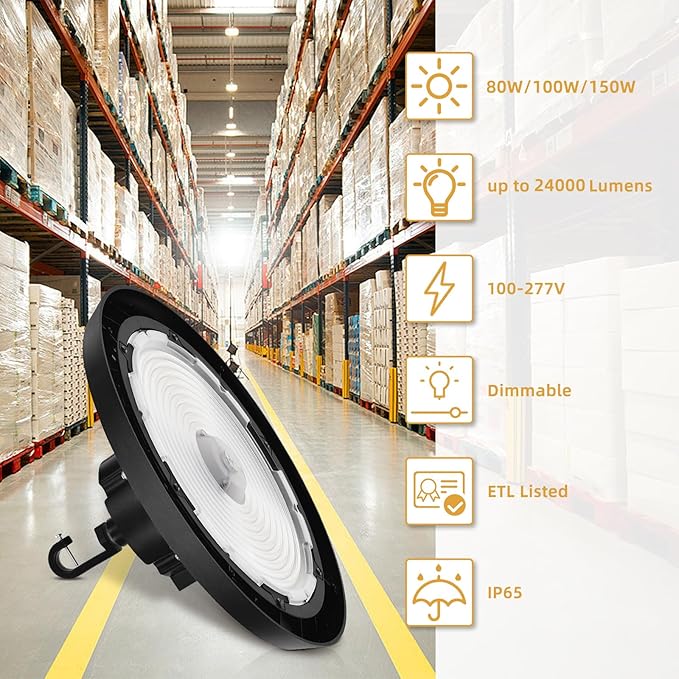 RMC 4 Pack UFO LED High Bay Light 150W 24000LM, 3 CCT Switchable (3500K/4000K/5000K), 0-10V Dimmable, 120-277V, ETL Listed, Commercial LED Shop Lights for Warehouse, Workshop, Barn, Factory