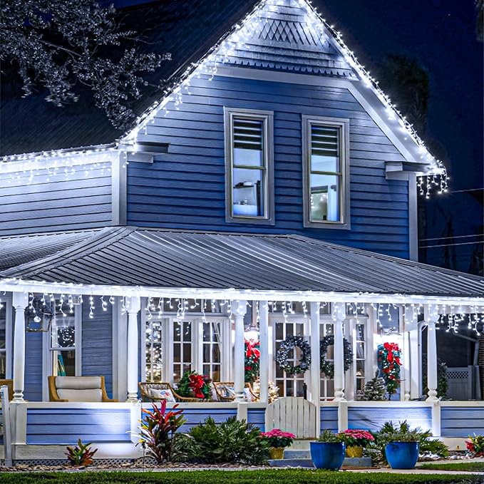 Icicle Lights for Outside - 33FT 400 LED Icicle Christmas Lights Outdoor with 75 Drops 8 Modes, Waterproof Connectable Curtain Hanging Lights for Indoor Eaves Wedding Patio Decorations, Cool White
