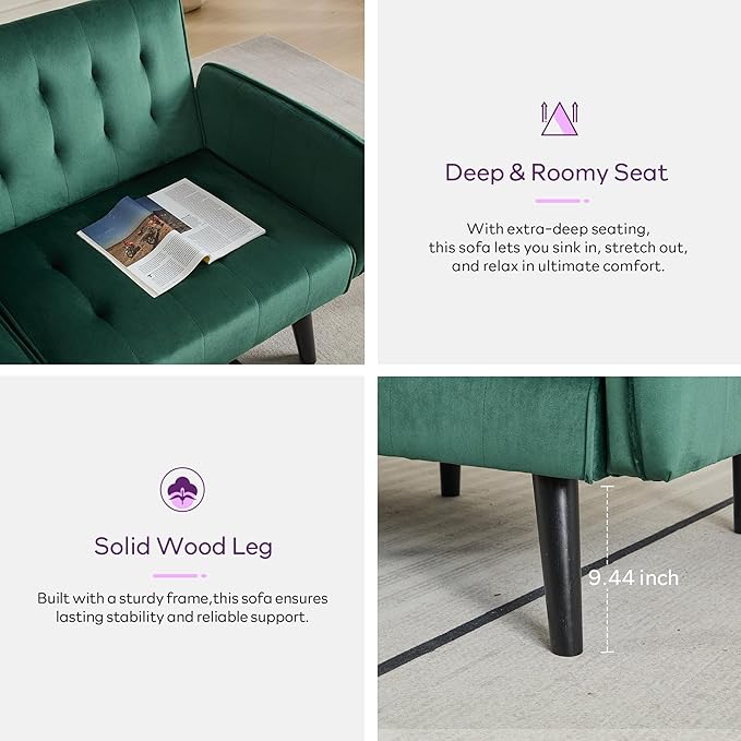 TYBOATLE 65" W Velvet Modern Convertible Folding Futon Couch Sofa Bed w/ 2 USB Charging Ports and arms, Loveseat for Living Room, Office, Apartment, Bedroom (Green)