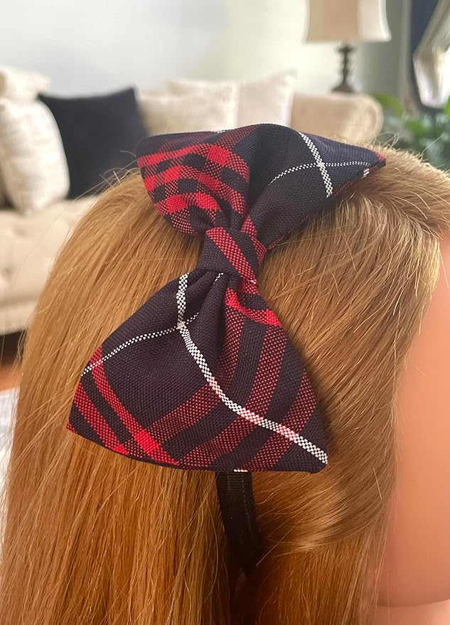 ClassExceed School Headband, Plaid bow headband, back to school, available in variety of school plaids (Plaid 37 Classic Navy Red large plaid, Regular)