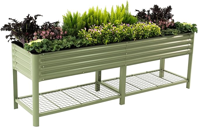 Elevated Raised Garden Bed-V Series, 2' x 8' Garden Beds with Legs & Storage Rack for Patio Porch, 1400 Lbs Weight Capacity, Outdoor Planter Boxes for Gardening Herbs Vegetables Flowers, Olive Green