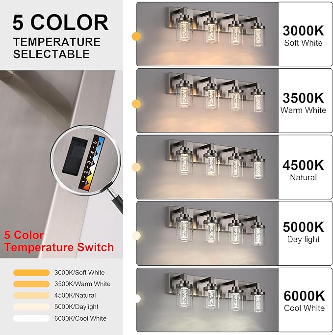 MELUCEE LED Vanity Light Bar 5-Light Bathroom Vanity Light Modern 25W Bath Lamps Over Mirror Brushed Nickel Bathroom Wall Lighting Fixtures with Clear Glass Shade Bubble Crystal Restroom Lighing