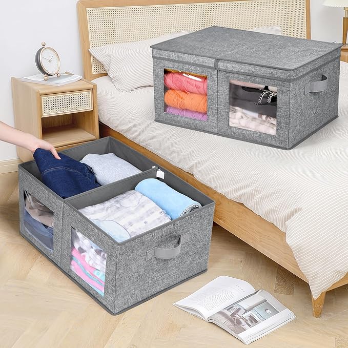 Univivi Large Foldable Fabric Storage Bins with lids [2-Pack] Collapsible Closet Storage Box for Clothes, Closet Organizer with Handles, Storage Cube Basket for Home, Bedroom (Grey, 24" x17" x 12")