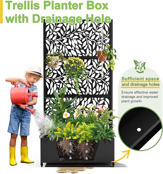 FENCY Metal Raised Garden Bed with Wheels and Trellis,73"x35"x16" Planter Box for Climbing Plants, Vegetables & Vines, Features Privacy Screen and Drainage Holes (Black-Leaf-2)