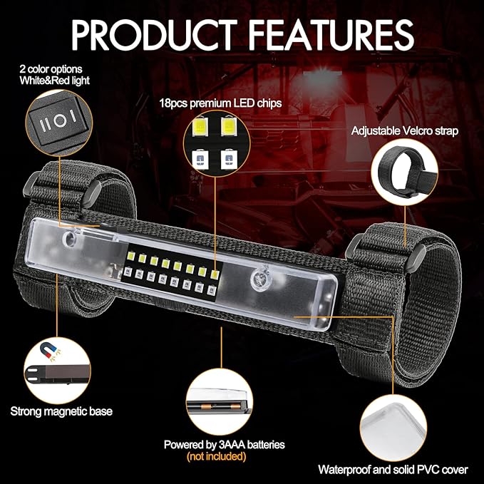 UTV Interior Light, RFROAD LIGHTING Universal Roll Bar Dome Light Roll Cage Mount Lights for UTV Polaris RZR Talon Golf Cart Ranger Truck Boat- White/Red (2 Pack)