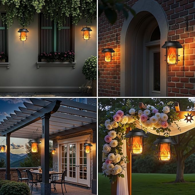 Solar Lanterns Outdoor Waterproof, Upgraded Flickering Flames Hanging Solar Lights for Outside with Wall Hooks, Halloween Decor Retro Metal Outdoor Lanterns Auto On/Off for Patio, Yard Decor