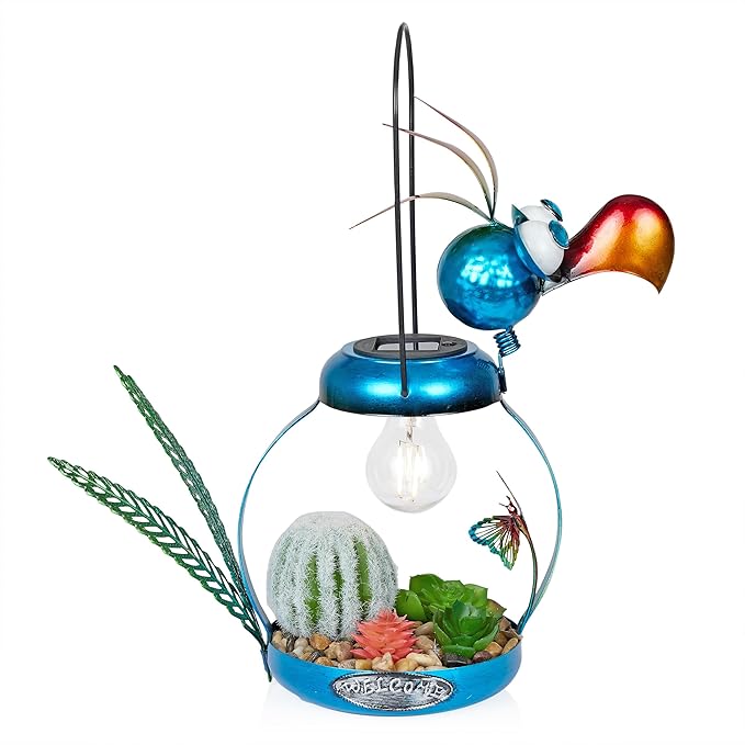 Alpine Corporation LYT290SLR-HH Solar-Powered Metal Flamingo with Garden Enclosed LED Light, Solar Patio Decor, 16''H, Blue