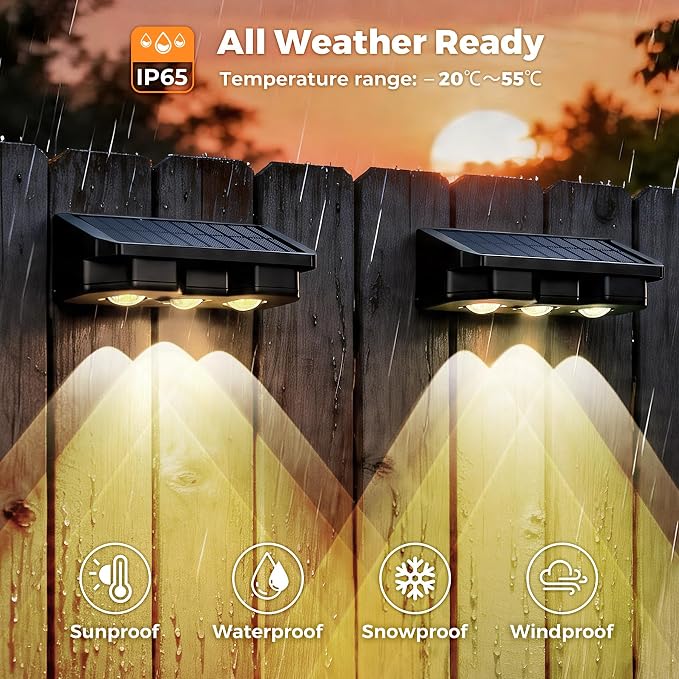 Solar Fence Lights Outdoor 2 Pack, Warm White & 8 Colors & RGB, IP65 Waterproof LED Deck Light, Dusk to Dawn Fence Lights Solar for Wall, Railing, Step, Patio, Pool, Backyard, Outside