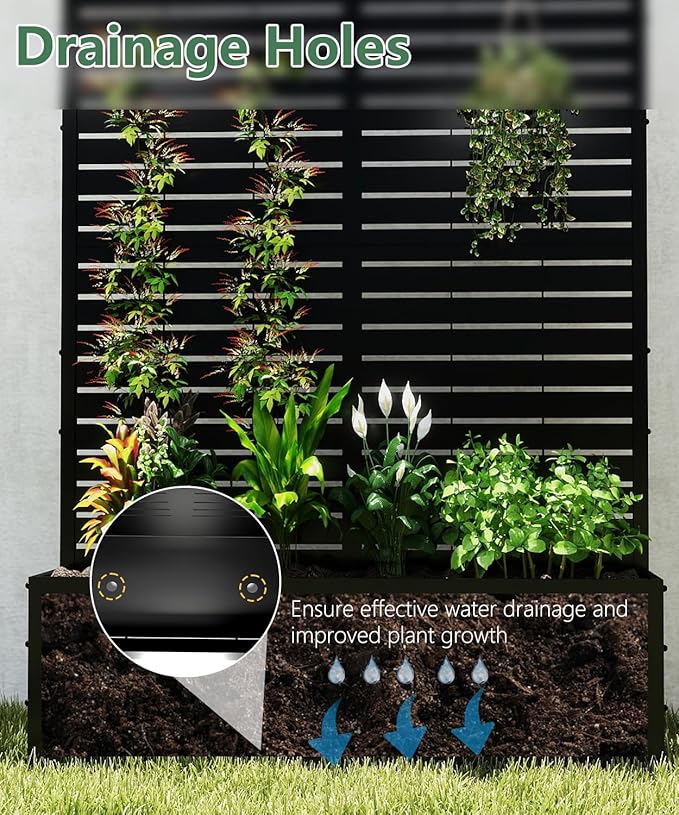 Metal Planter Box with Trellis,70.9"x47.2"x15.7" Raised Garden Bed with Drainage Holes, Privacy Planters for Outdoor Garden Bed for Climbing Plants,Vegetables,and Vines, Black-louvered